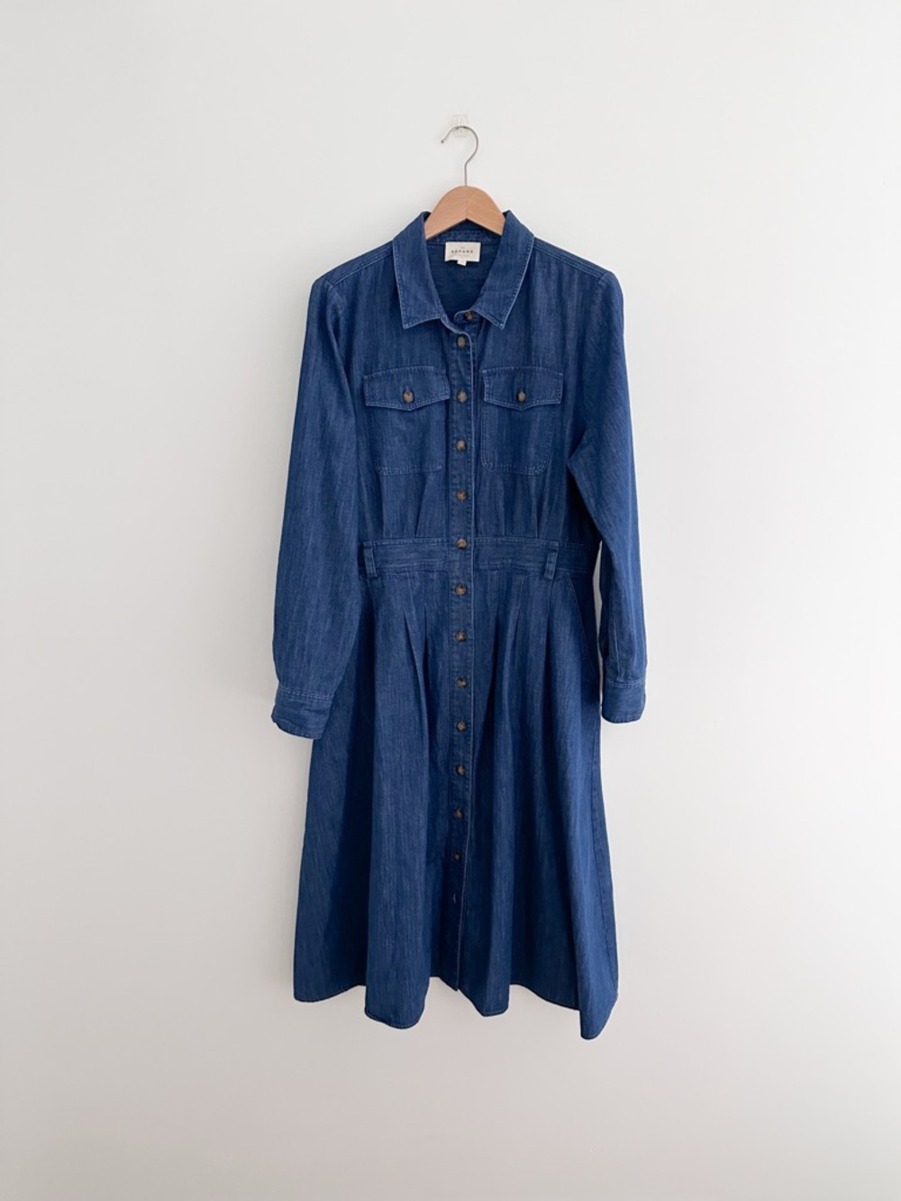 Sezane Gwen Denim Dress Organic Cotton Button Front Midi French Girl Classic 12 - Picture 10 of 11